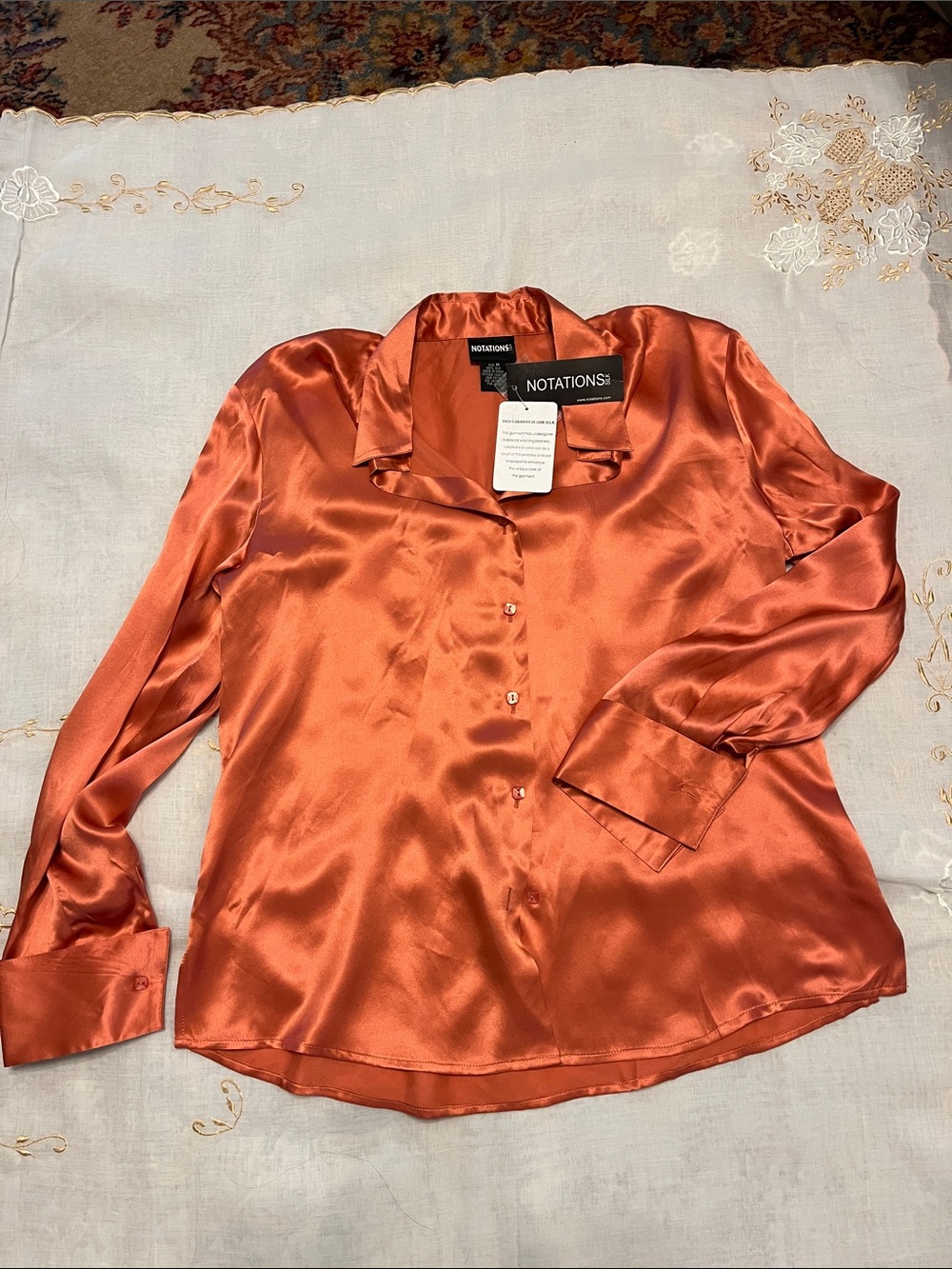 NOTATIONS Rust Orange Satin Button-Down Silk Blouse